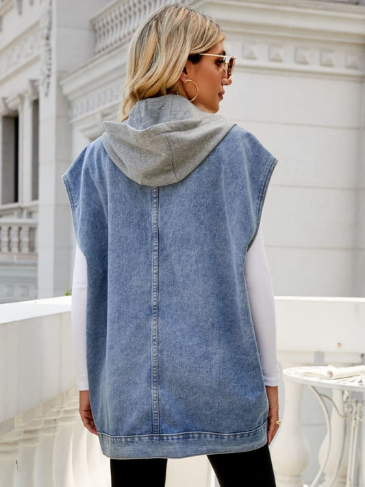 Hooded Sleeveless Denim Top with Pockets - Body By J'ne