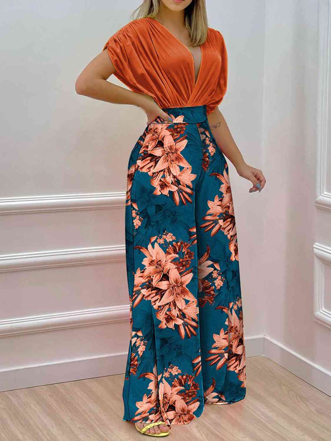 Printed Surplice Top and Wide Leg Pants Set - Body By J'ne