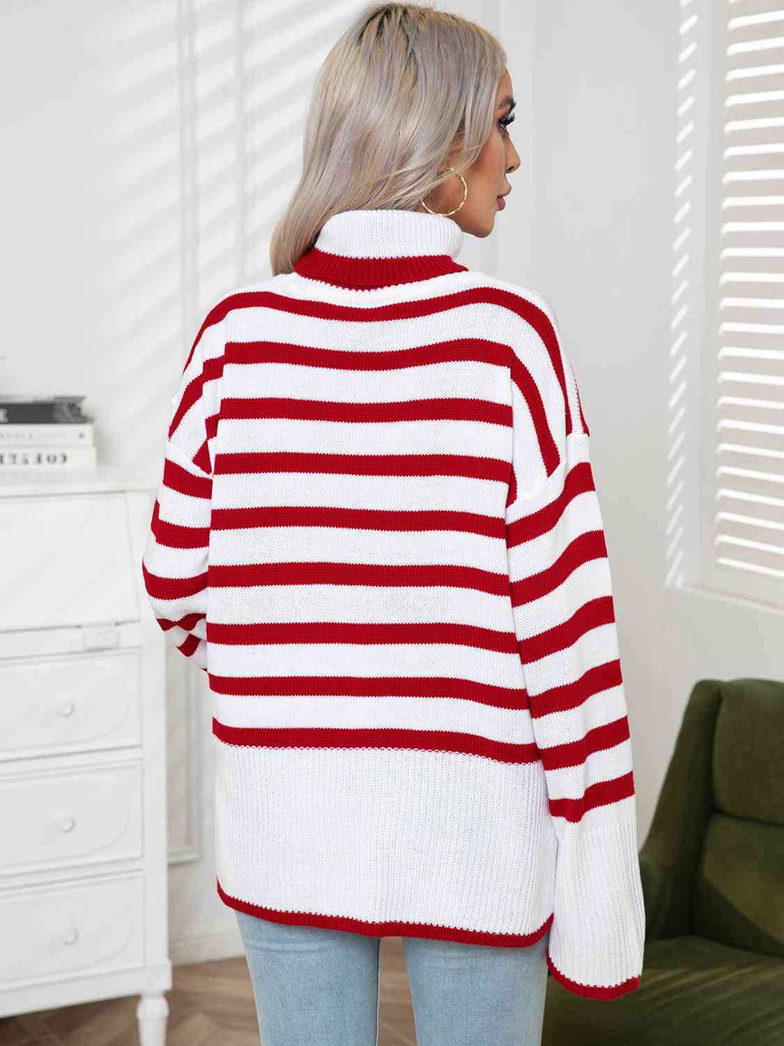 Striped Slit Turtleneck Drop Shoulder Sweater - Body By J'ne