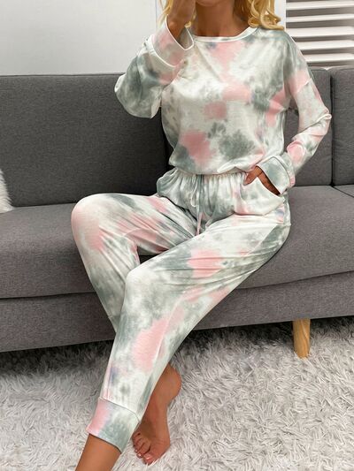 Tie-Dye Round Neck Top and Drawstring Pants Lounge Set - Body By J'ne