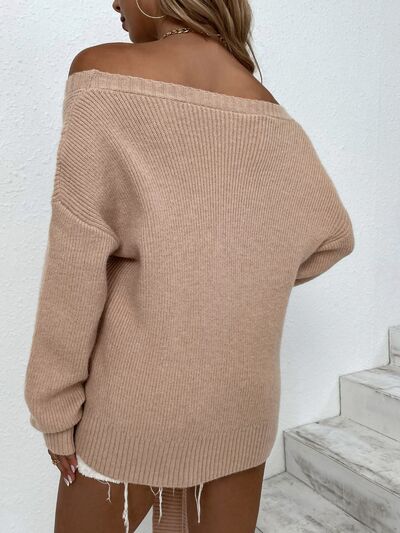Ribbed Tied Off-Shoulder Sweater