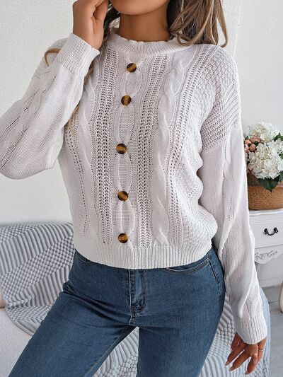 Cable-Knit Buttoned Round Neck Sweater - Body By J'ne