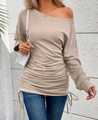 Ruched Single Shoulder Long Sleeve T-Shirt - Body By J'ne