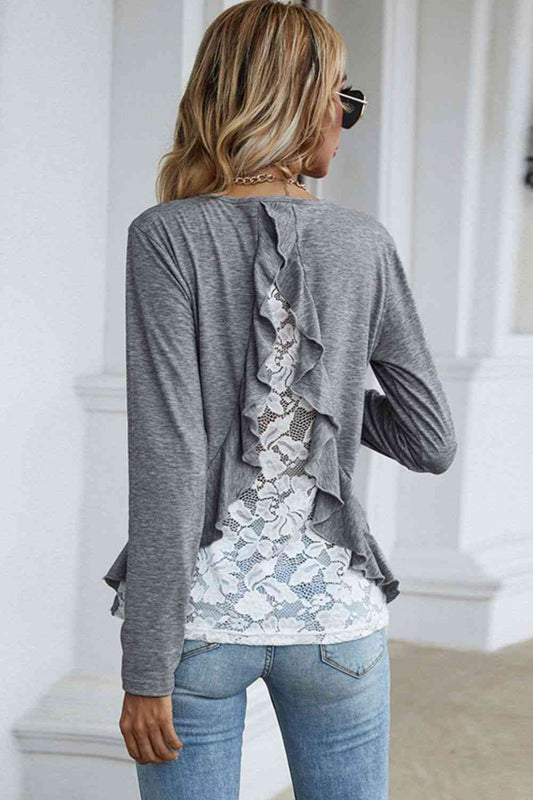 Spliced Lace Ruffled Long Sleeve Tee - Body By J'ne