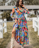 Printed Smocked Tie Neck Balloon Sleeve Maxi Dress - Body By J'ne