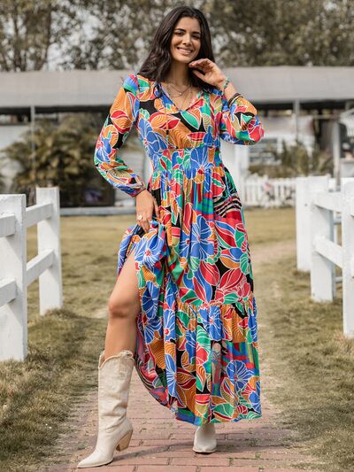 Printed Smocked Tie Neck Balloon Sleeve Maxi Dress - Body By J'ne