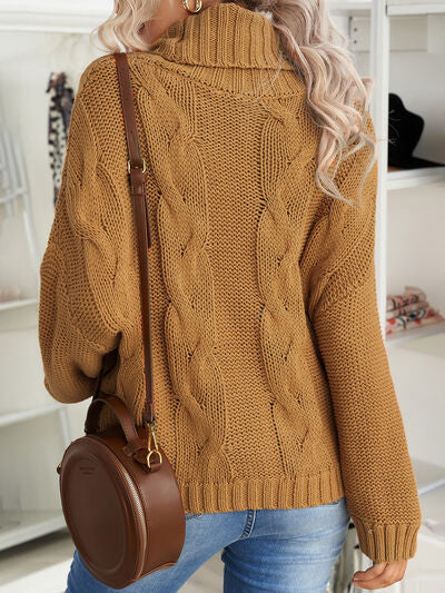 Cable-Knit Turtleneck Dropped Shoulder Sweater - Body By J'ne