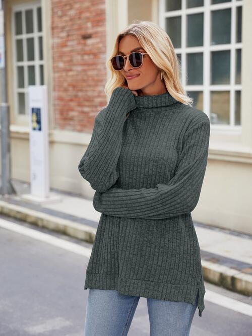 Ribbed Turtleneck Long Sleeve Slit Knit Top - Body By J'ne