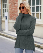 Ribbed Turtleneck Long Sleeve Slit Knit Top - Body By J'ne