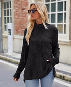 Ribbed Turtleneck Long Sleeve Slit Knit Top - Body By J'ne