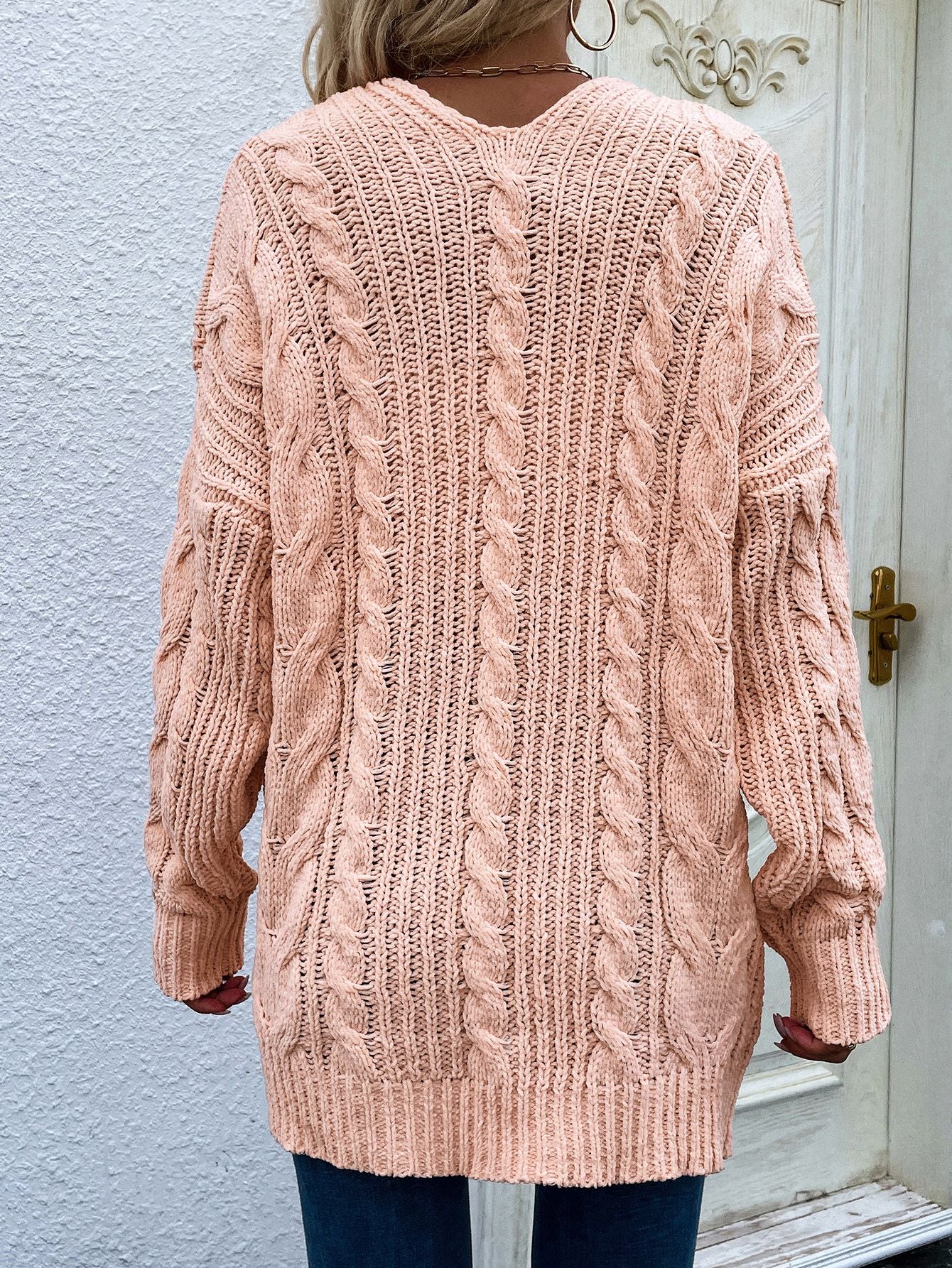 Woven Right Cable-Knit Open Front Cardigan with Front Pockets - Body By J'ne