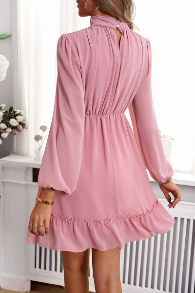 Frill Ruched Mock Neck Balloon Sleeve Dress - Body By J'ne