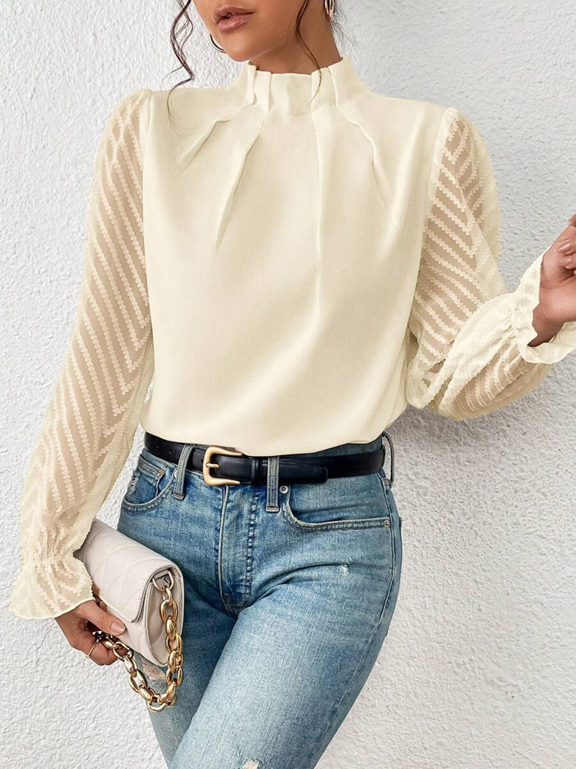 Mock Neck Flounce Sleeve Blouse - Body By J'ne