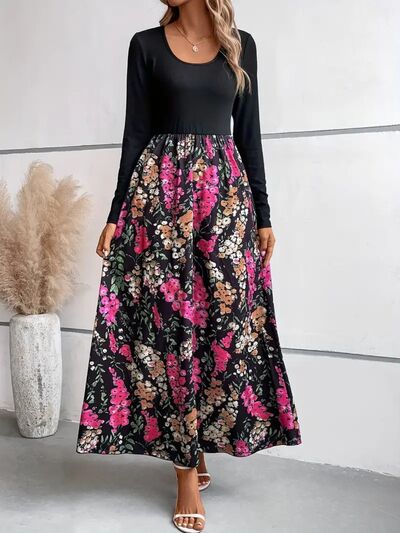 Floral Round Neck Long Sleeve Maxi Dress - Body By J'ne