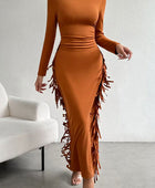 Fringe Slit Round Neck Wrap Dress - Body By J'ne