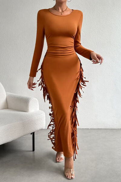 Fringe Slit Round Neck Wrap Dress - Body By J'ne