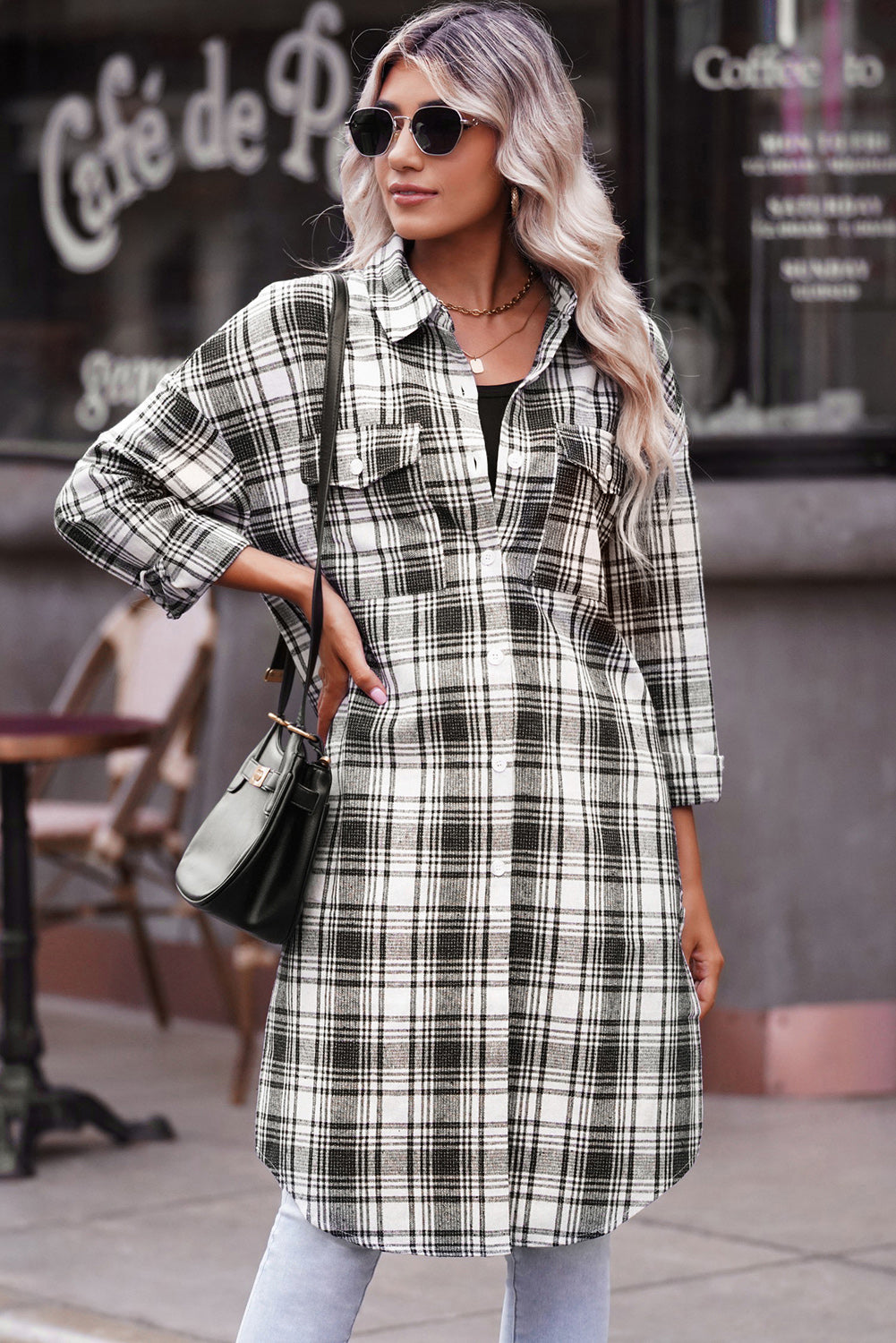 Plaid Button-Up Longline Shacket with Breast Pockets - Body By J'ne