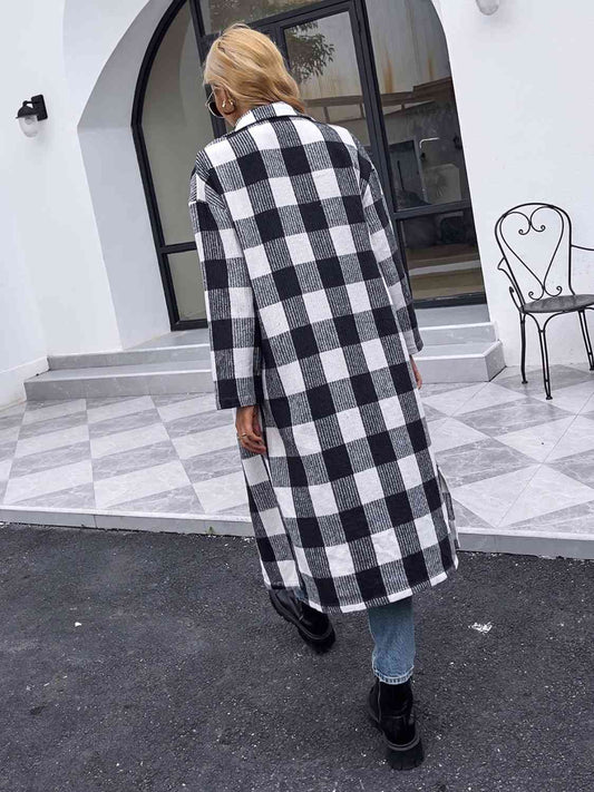 Plaid Collared Neck Slit Longline Coat - Body By J'ne