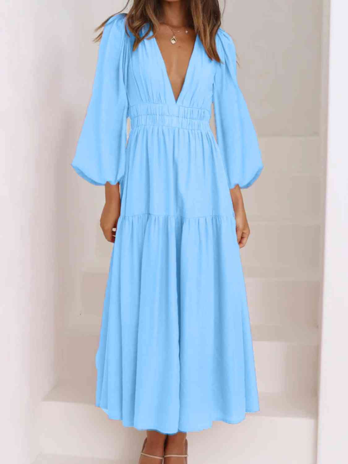 Deep V-Neck Balloon Sleeve Plain Maxi Dress - Body By J'ne