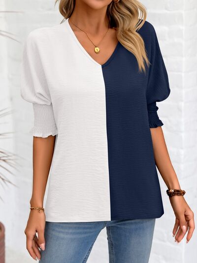 Contrast V-Neck Lantern Sleeve Blouse - Body By J'ne