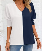 Contrast V-Neck Lantern Sleeve Blouse - Body By J'ne