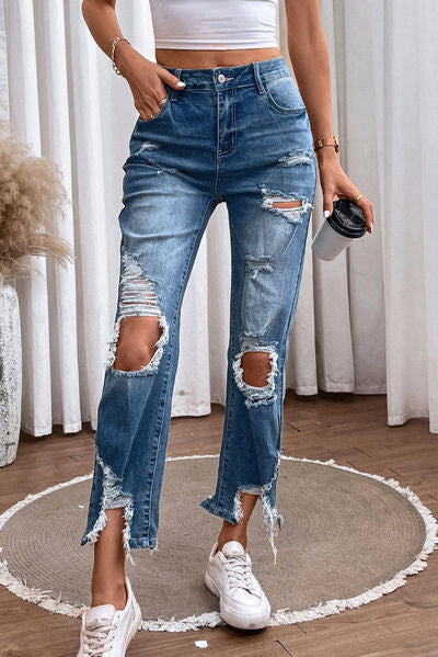 Distressed Raw Hem Straight Jeans - Body By J'ne