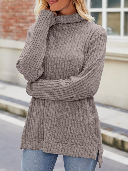 Ribbed Turtleneck Long Sleeve Slit Knit Top - Body By J'ne