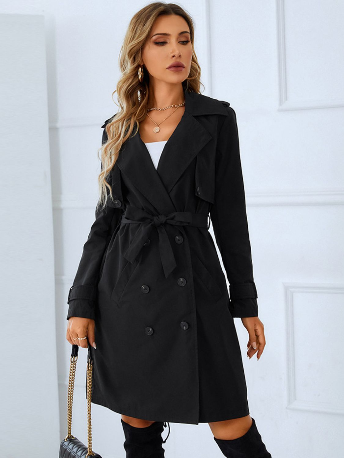 Lapel Collar Tie Belt Double-Breasted Trench Coat - Body By J'ne