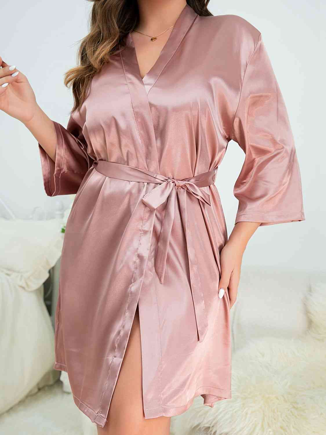 Plus Size Surplice Neck Tie Waist Robe - Body By J'ne