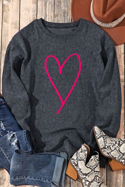 Heart Round Neck Dropped Shoulder Sweatshirt - Body By J'ne