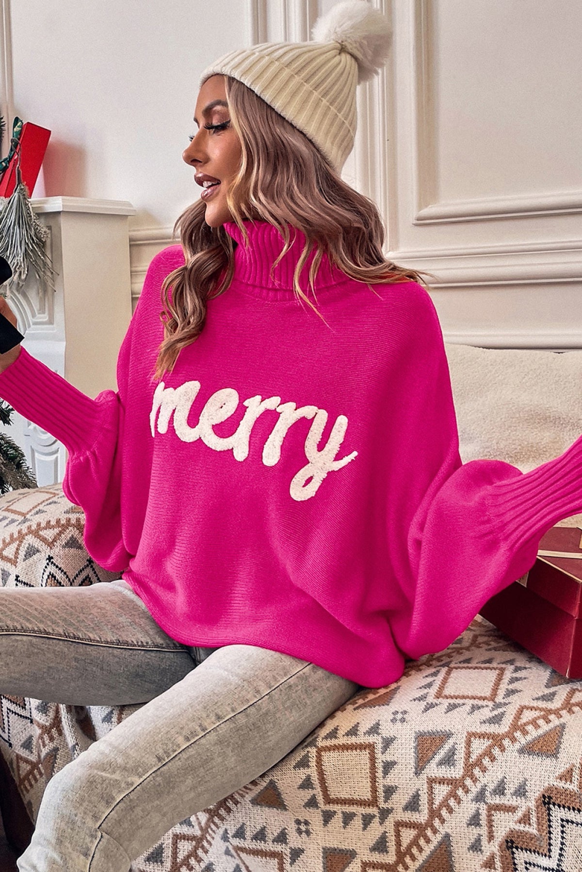 Rose Merry Letter Embroidered High Neck Sweater - Body By J'ne