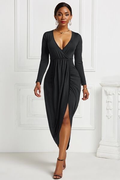 High-low Ruched Surplice Long Sleeve Dress - Body By J'ne