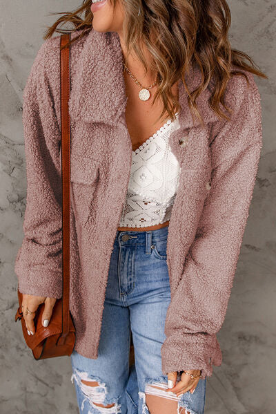 Fuzzy Button Up Pocketed Jacket - Body By J'ne
