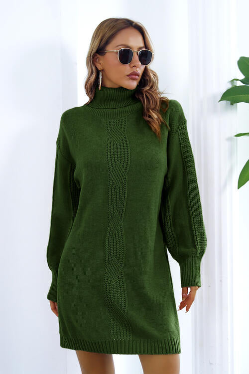 Openwork Turtleneck Long Sleeve Sweater Dress - Body By J'ne