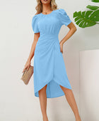 Slit Ruched Round Neck Puff Sleeve Dress - Body By J'ne