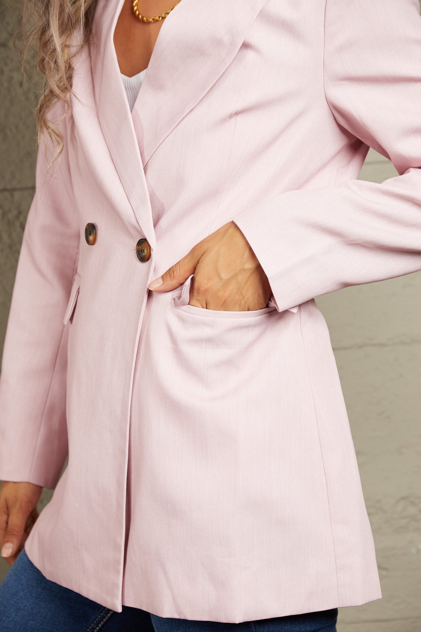 Double-Breasted Padded Shoulder Blazer with Pockets - Body By J'ne