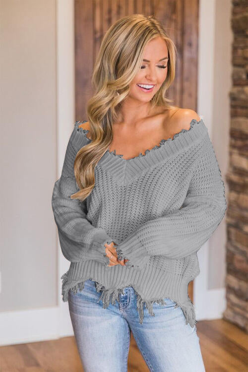 Frayed Hem Dropped Shoulder Sweater - Body By J'ne
