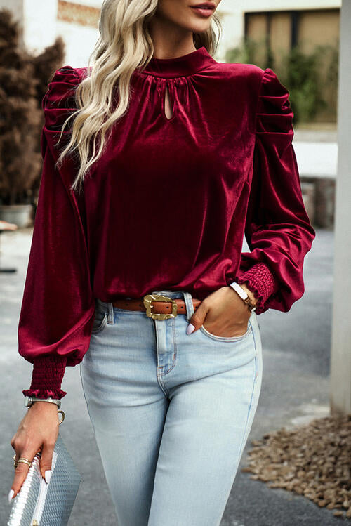 Tie Up Mock Neck Velvet Fabric Long Sleeve Blouse - Body By J'ne