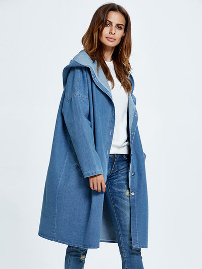 Button Up Dropped Shoulder Hooded Denim Top - Body By J'ne