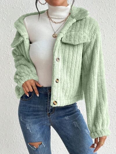 Fuzzy Button Up Collared Neck Jacket - Body By J'ne