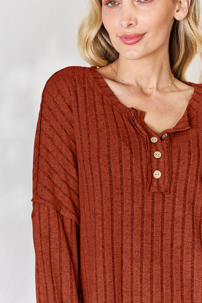 Full Size Ribbed Half Button Long Sleeve T-Shirt - Body By J'ne