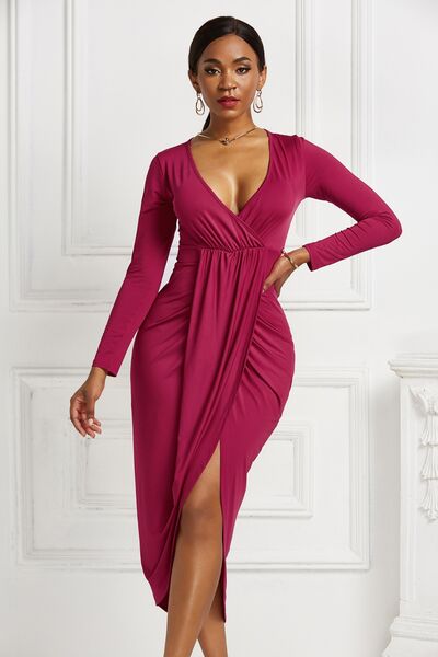 High-low Ruched Surplice Long Sleeve Dress - Body By J'ne