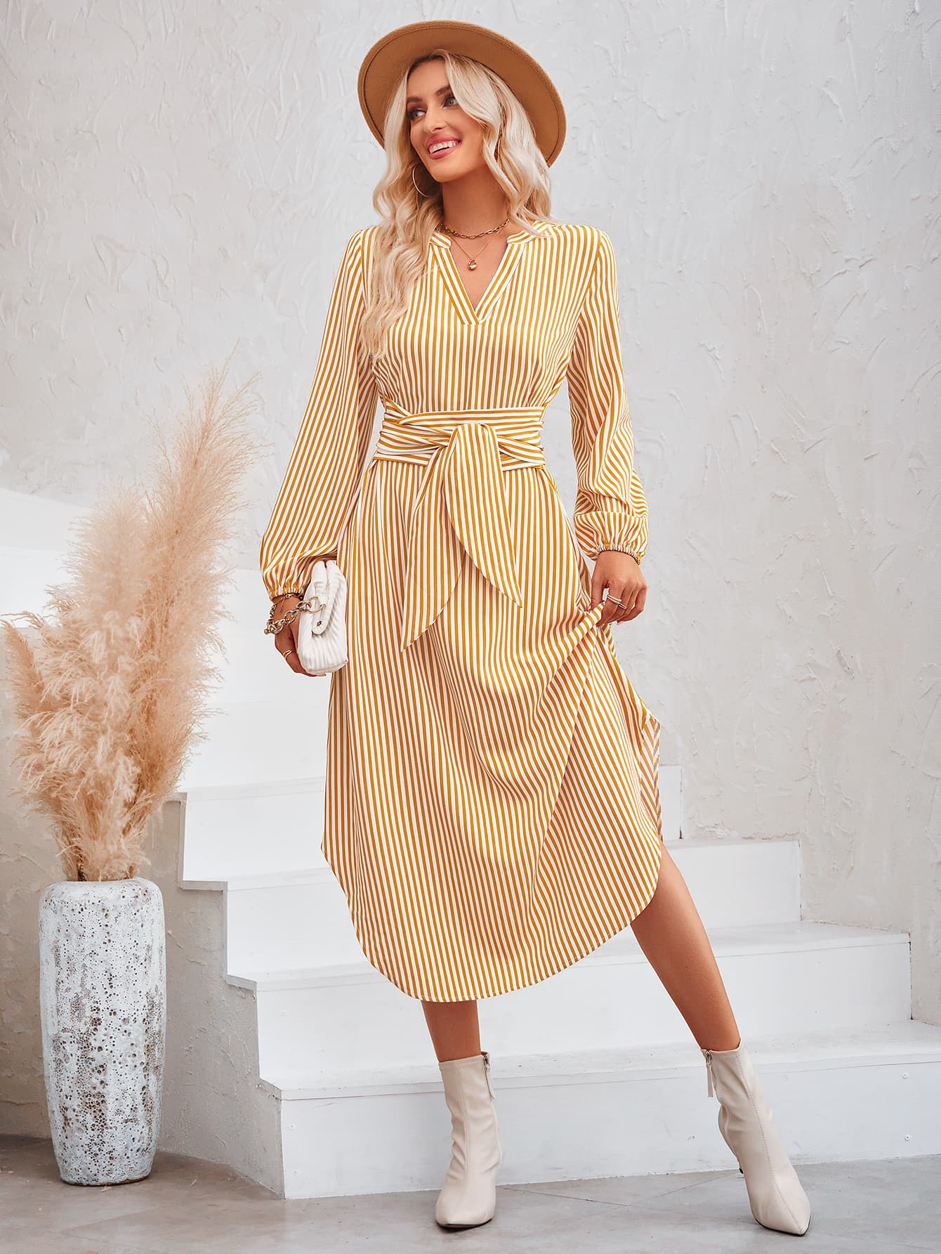 Striped Notched Neck Curved Hem Long Sleeve Dress - Body By J'ne