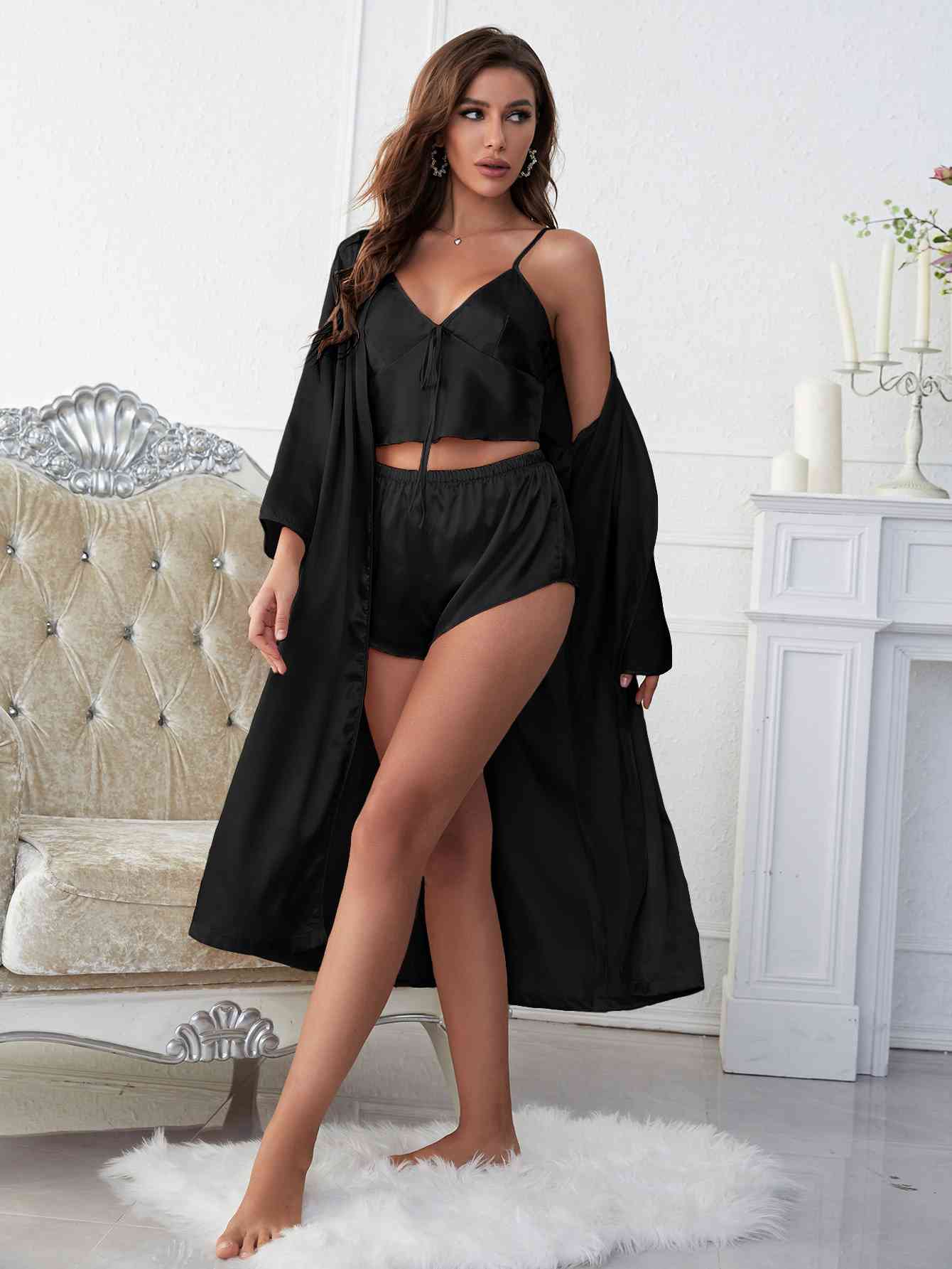 Satin V-Neck Cami, Shorts, and Belted Robe Pajama Set - Body By J'ne