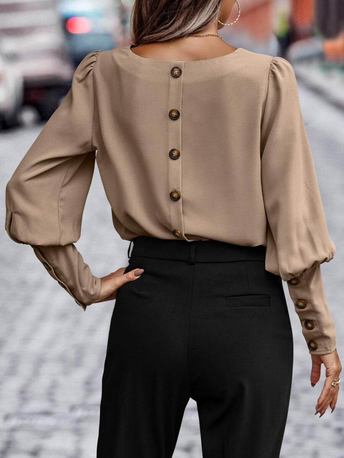 Round Neck Lantern Sleeve Blouse - Body By J'ne