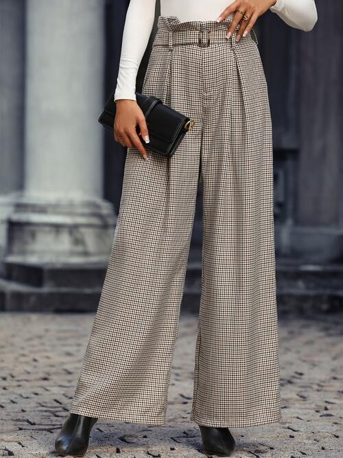 Plaid Wide Leg Pants With Belt - Body By J'ne