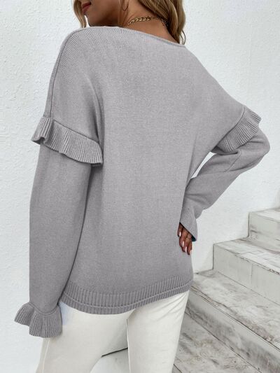 Ruffled V-Neck Dropped Shoulder Sweater - Body By J'ne