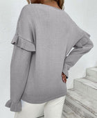 Ruffled V-Neck Dropped Shoulder Sweater - Body By J'ne