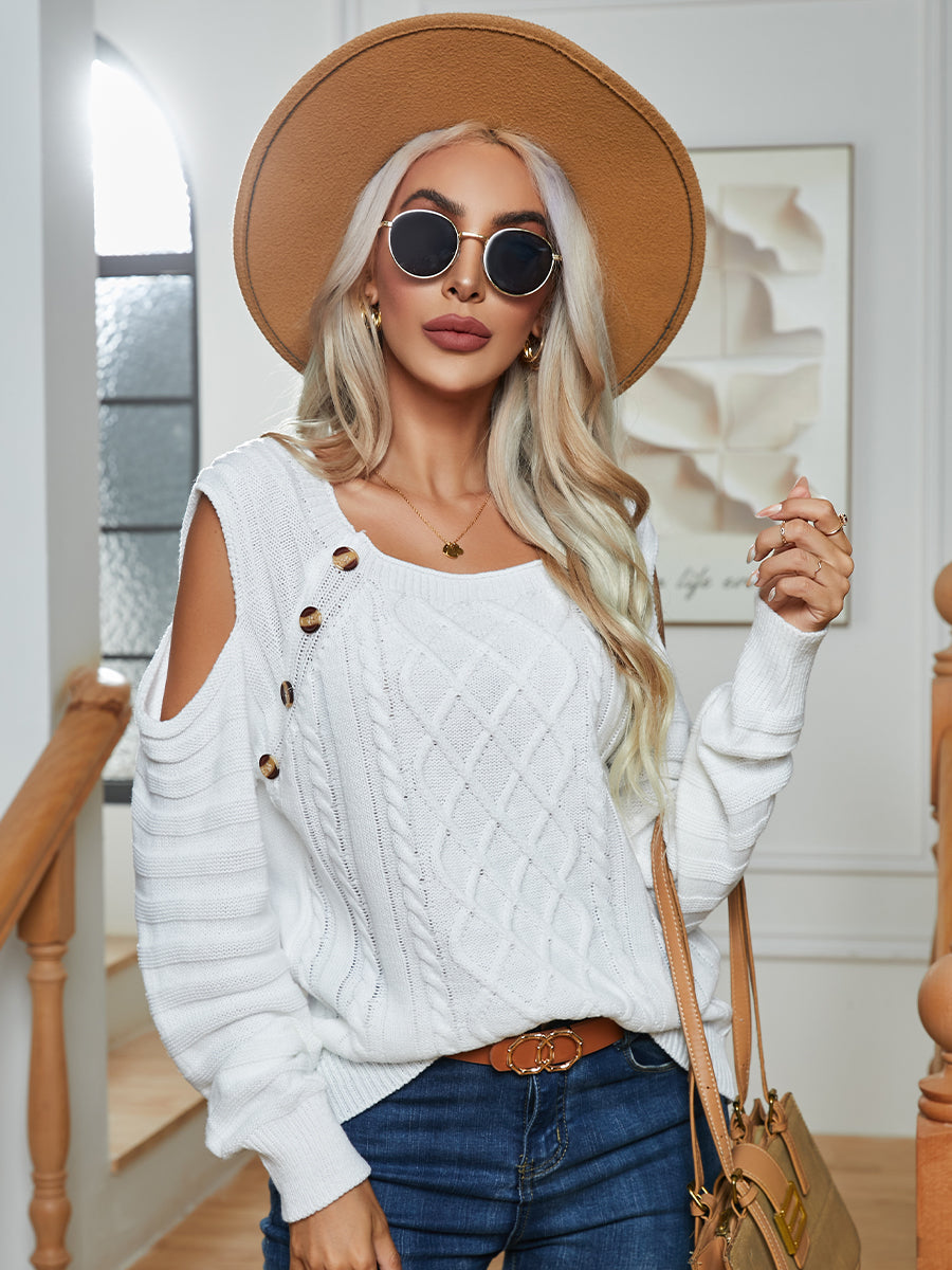 Decorative Button Cold-Shoulder Sweater - Body By J'ne