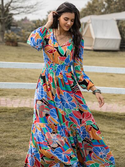 Printed Smocked Tie Neck Balloon Sleeve Maxi Dress - Body By J'ne